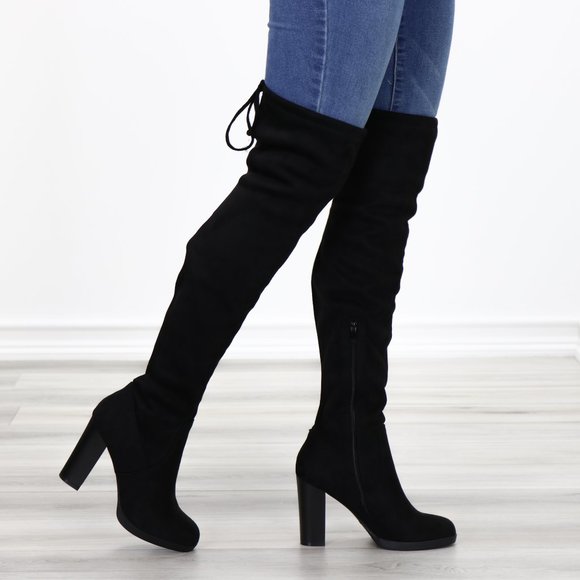 Shoes - Tie Back Over Knee Heeled Sleek Boots Suede Black